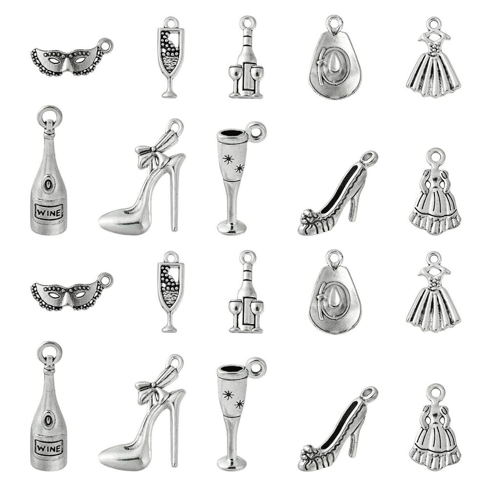3203 100 pcs 10 Styles Antique Silver Masquerade Theme Alloy Charms Wine